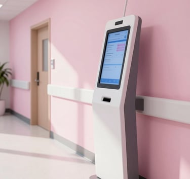 A high-end North American / US medical facility hallway, minimalist and bright, featuring a soft pink and white color palette, soft afternoon lighting, focus on a modern digital kiosk.