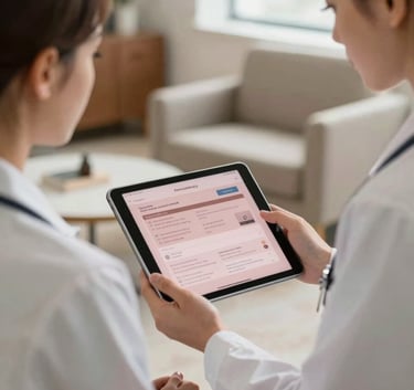 A professional medical consultation in a North American / US office, featuring a clinician using a sleek tablet device with a dusty rose interface, warm natural lighting, high-end furniture.