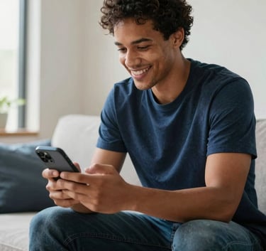 A high-quality lifestyle photograph of a professional North American person sitting in a modern, sunlit living room, smiling while interacting with a smartphone. The scene uses a palette of dark blue and bright blue accents with off-white walls, conveying a clean and innovative mood.