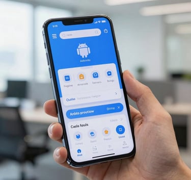 A close-up photograph of a sleek Android smartphone held by a person in a bright, modern North American office environment. The screen displays a clean, user-friendly interface with bright blue elements. Soft, professional lighting.