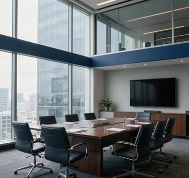 A wide shot of a professional North American corporate boardroom in a glass-walled skyscraper, soft morning light illuminating a clean minimalist setting with navy blue accents.