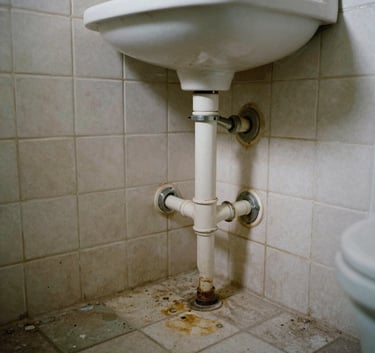 A before transformation shot of a damaged and outdated bathroom with old plumbing and stained tiles in a North American / US - Los Angeles, California house, realistic documentary style.