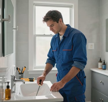 A professional bathroom contractor in work gear assessing a renovation project in a Los Angeles home, soft window lighting, modern tools nearby, blue and gray accents, high-quality residential photography.