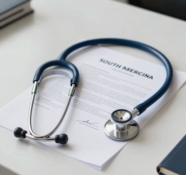 A medical stethoscope resting on top of a signed legal document on a clean, modern desk in a South American office, professional photography, soft daylight, dark blue and white tones.