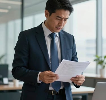 A professional South American legal consultant in a bright, modern corporate office reviewing medical files and documentation, cinematic lighting, authoritative atmosphere, medium blue accents.