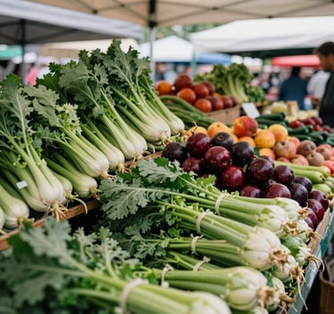 A bustling North American local farmer's market stall, showcasing piles of vibrant forest green vegetables and deep crimson fruits under a clean parchment-colored canopy, authentic and artisanal feel.