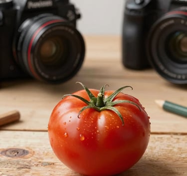 A clean, bright North American studio workspace with a deep ripe crimson tomato being photographed on a rustic wooden surface, high-end camera equipment visible, cozy and professional vibe.