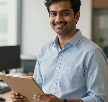 A South Asian / Indian recruitment consultant in a professional office setting in Raipur, holding a folder and smiling confidently, soft natural lighting.