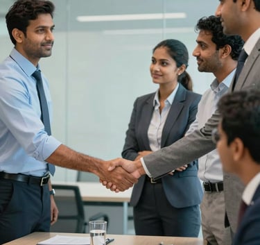A group of South Asian / Indian professionals shaking hands in a modern corporate meeting room, professional and trustworthy mood, light blue and muted teal accents.