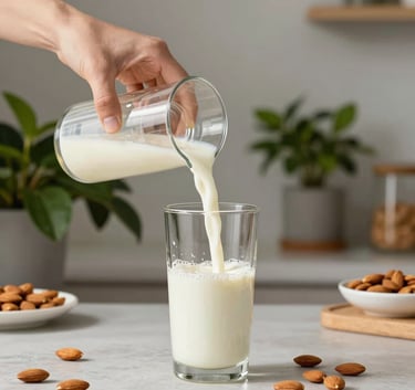 High-end lifestyle shot of a person pouring almond milk into a glass shaker in a bright, minimalist kitchen with green plants in the background, North American setting.