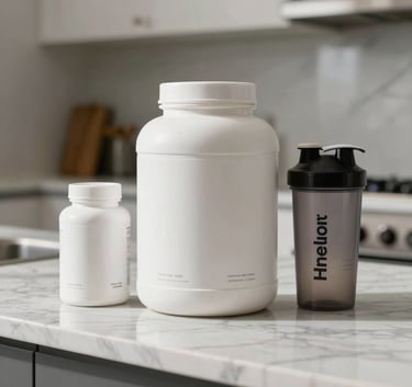 Professional photography of premium white supplement bottles and a protein shaker on a clean, sunlit marble kitchen countertop in a modern North American home.