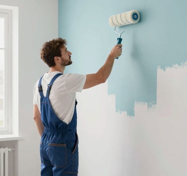 A professional painter in clean uniform painting a modern interior wall using a roller. The room is bright and stylishly decorated, incorporating subtle shades of brand colors #4C7B9E and #A7BCCD.