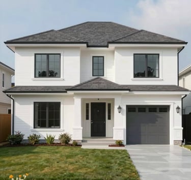 A wide angle shot of a beautiful residential house with a fresh coat of high-quality paint, looking modern and clean. The scene projects trust and high-end craftsmanship.