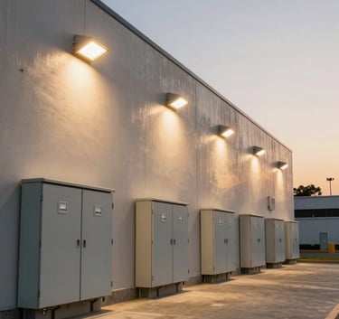 Wide-angle shot of a modern commercial infrastructure in Lima, showcasing perfectly installed outdoor lighting and electrical panels during the golden hour.