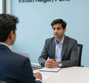 A professional interview session taking place in a minimalist Viman Nagar, Pune office, showing a focused recruiter and a candidate, both South Asian / Indian, with Sky Blue and Pearl White interior details.