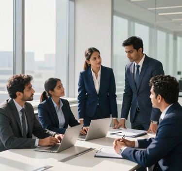 A professional group of South Asian / Indian recruiters and corporate experts collaborating in a sleek, modern office in Navy Blue and Pearl White tones, soft sunlight streaming through large glass windows.
