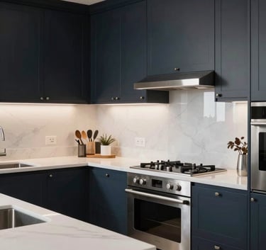 A newly renovated modern kitchen in a Southern European / Spanish residence, with dark navy cabinetry, white quartz countertops, and high-end stainless steel appliances, professional architectural photography style.