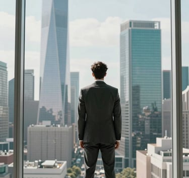 Photography of a professional in a sharp business suit standing before a large floor-to-ceiling window overlooking a majestic financial skyline. The color palette is dominated by light grayish blue and deep teal. Global / Spanish-speaking.