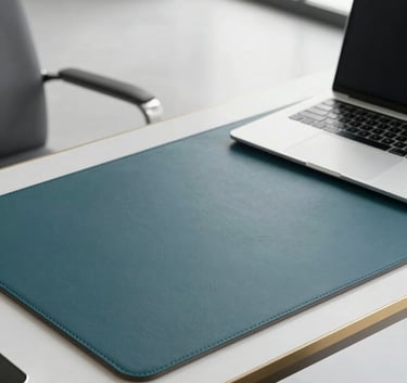 A minimalist, premium workspace featuring a dark teal leather desk pad, a high-end laptop, and a subtle gold-trimmed glass. The composition is clean and authoritative, shot in a bright, modern corporate building. Global / Spanish-speaking.