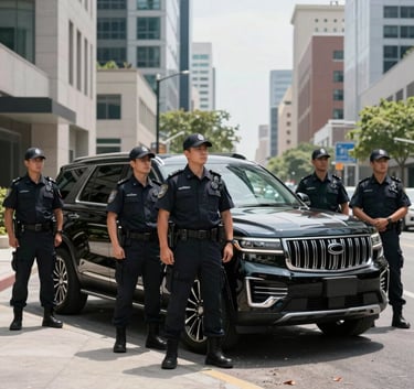 A team of security professionals in dark uniforms standing beside a sleek black SUV parked in a modern North American urban district, bright daylight.