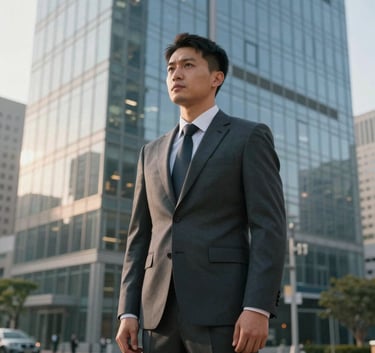 A professional security specialist in a charcoal suit standing alert in front of a modern glass office tower in a North American city, soft morning light.