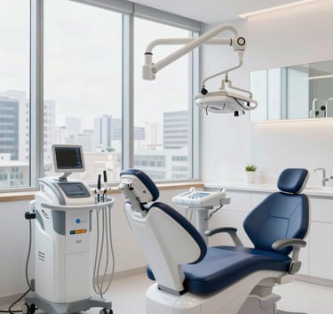 A modern, bright Brazilian dental studio with high-end digital equipment, clean minimalist design, large windows showing a cityscape, colors of soft white and professional navy blue.