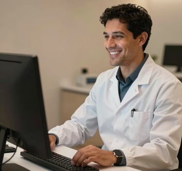 A professional South American dentist smiling while conducting a tele-consultation on a sleek computer monitor, high-tech and warm office environment, professional attire, soft lighting.