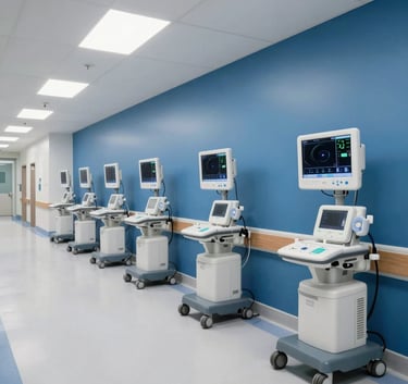Professional wide-angle photography of a clean, modern North American hospital corridor. Cool white clinical lighting highlights advanced digital patient monitoring screens mounted on deep blue walls.