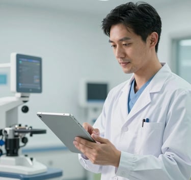 A professional medical technologist in modern clinical attire using a sleek tablet device in a bright, clean North American hospital setting with white and pale blue accents.