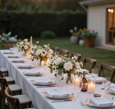 A professionally captured photograph of a beautifully set long dinner table at an outdoor wedding in a North American garden at dusk. Warm string lights are hanging above. The focus is on the elegant table settings and the welcoming atmosphere, with no clear faces visible.