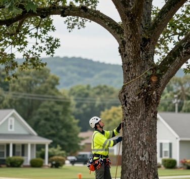 A professional arborist, Miguel Giron, wearing high-visibility safety gear and a helmet, looking up at a tall oak tree in a residential Greenville neighborhood. The composition is grounded and sophisticated, with the lush greenery of the Blue Ridge region in the background. Colors include #1A2C21 and #2F5C3E.