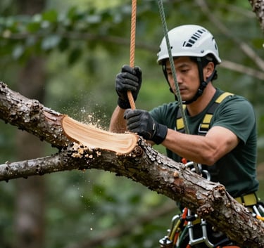 A close-up action shot of a professional tree trimming project. Sawdust in the air, a clean cut on a branch, with safety ropes visible. High-end, trustworthy photography reflecting technical expertise. Palette emphasizes deep forest green #1A2C21 and natural wood tones.