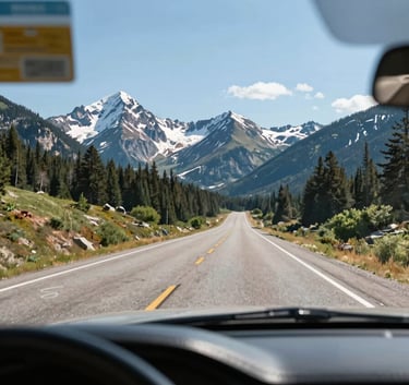A view through a crystal clear, newly replaced windshield looking out at a scenic North American mountain road, bright and sharp focus, professional automotive photography.
