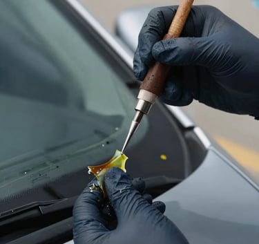 Close-up of a professional technician's hands in dark blue gloves carefully applying resin to a small windshield chip, focused lighting, North American car setting.