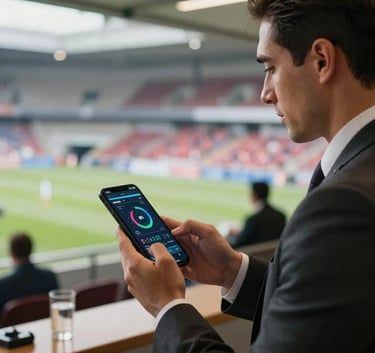 A professional sports manager in a modern suit holding a smartphone, looking at a data-rich interface with focus, blurred background of a stadium lounge, Hispanoamericano / Global.