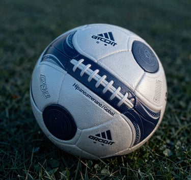Close-up of a high-tech football with silver and navy accents resting on a pristine turf, cinematic cool blue atmosphere, professional photography, Hispanoamericano / Global.