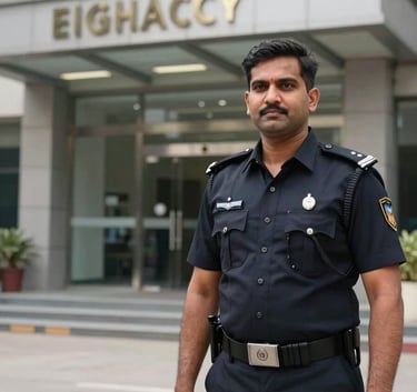 A professional security officer standing confidently in front of a modern corporate entrance in a South Asian / Indian city, wearing a sharp dark navy uniform.