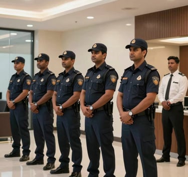 A group of professional security personnel including gunmen and bouncers standing in a row in a sleek South Asian / Indian corporate lobby.