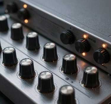 A detailed shot of a rack-mounted preamplifier, showing its physical knobs and the honest, non-rendered texture of its brushed charcoal metal faceplate. Small indicator lights cast a soft amber glow in a professional technical setting in Mainland China.