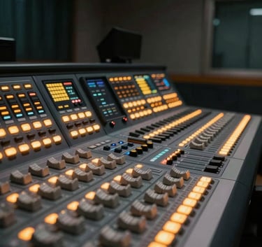 A side view of a professional broadcasting console in a dim control room, amber LED indicators glowing warmly against a deep charcoal technical background. The atmosphere is quiet and focused, typical of a top-tier Chinese radio station.
