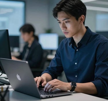 A professional content manager working in a modern US tech hub workspace, using a high-end laptop with deep steel blue ambient lighting.