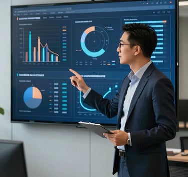 A professional marketing director in a high-end North American office setting, presenting data on a sleek digital interface with deep steel blue highlights.