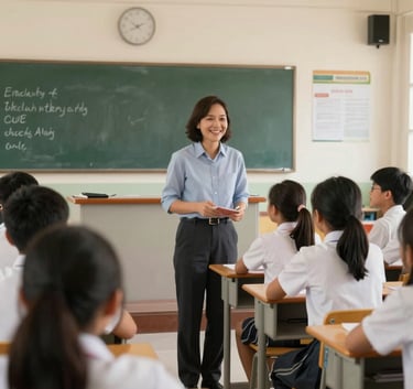 Wide-angle photograph of a happy international teacher interacting with students in a well-equipped Southeast Asian / Thai school, warm soft off-white lighting.