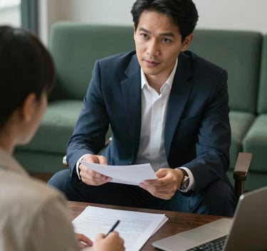 A professional advisor and a candidate discussing documents in a contemporary Southeast Asian / Thai office setting, featuring dark slate green furniture.