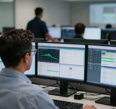 Professional security operations center with multiple monitors showing real-time analytics, a blurred silhouette of a specialist working in a modern environment in Latin America, technological and secure mood.