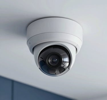 A close-up of a high-tech, modern dome security camera mounted on a clean white ceiling of a sophisticated Latin American office building, soft architectural lighting, dark blue and light gray tones.