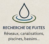 Logo for "Recherche de fuites" (leak detection) services, featuring a water drop above rippling circles, for networks