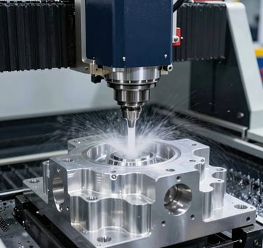 Detailed photography of a modern CNC machining center milling a complex aluminum part, high-tech industrial setting in South America, cooling fluid spraying, bright lighting with dark navy blue and silver accents.