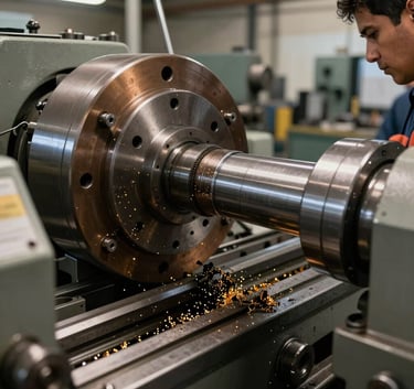 A skilled South American technician operating a large heavy-duty industrial lathe, turning a giant metal shaft, professional factory floor, cinematic lighting highlighting the texture of the metal shavings, bronze and steel gray palette.