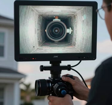 A high-tech sewer camera monitor displaying a clear interior pipe inspection, being operated by a technician in a North American / US - Florida home, technical and precise lighting, medium blue and soft sky blue color palette.